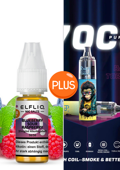 Elf Bar Elfliq set - Blueberry Sour Raspberry 10mg + RandM Tornado 7000 Akku