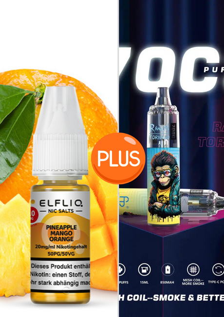 Elf Bar Elfliq set - Pineappke Mango Orange 20mg + RandM Tornado 7000 Akku