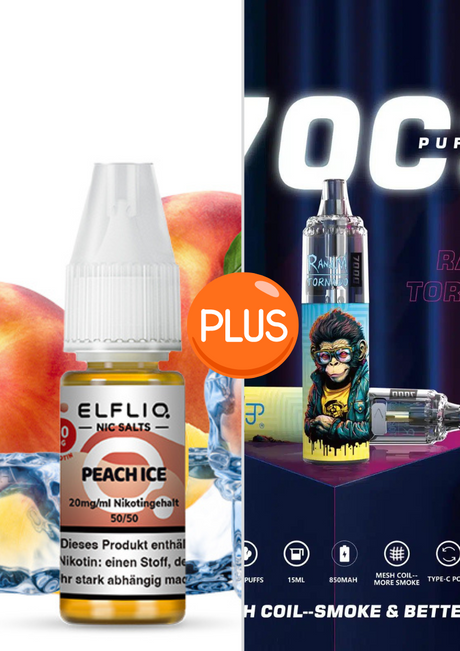 Elf Bar Elfliq set - Peach Ice 20mg + RandM Tornado 7000 Akku