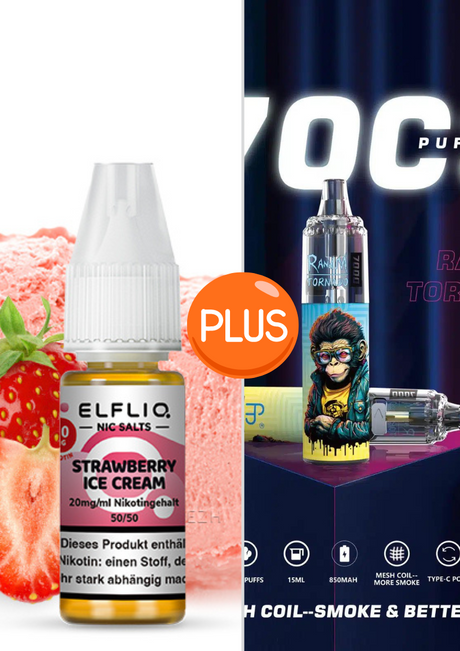 Elf Bar Elfliq set - Strawberry ice Cream 10mg + RandM Tornado 7000 Akku