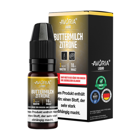 Avoria Buttermilch-Zitrone e-Liquid 10 ml – Fruchtig-cremiger Genuss für Ihre E-Zigarette. Wählen Sie aus Nikotinstärken 3/6/12 mg/ml oder nikotinfrei.