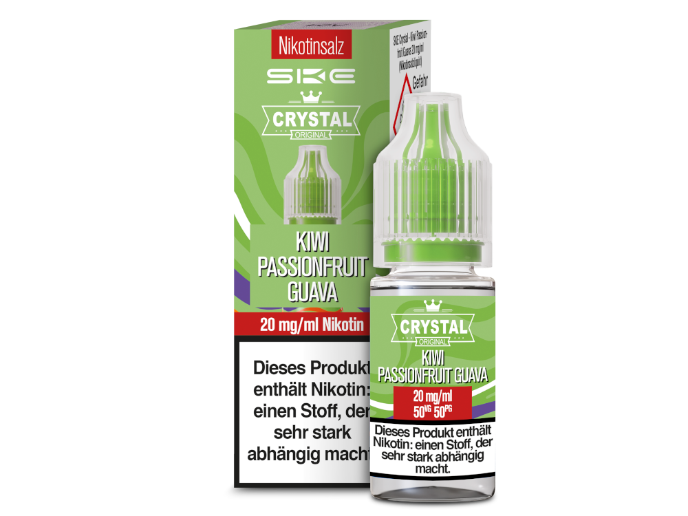 SKE Crystal Kiwi Passionfruit Guava Nikotinsalz Liquid – 10 ml  Erleben Sie den exotischen Geschmack von SKE Crystal Kiwi Passionfruit Guava Nikotinsalz Liquid. Dieses köstliche Liquid vereint die süßen und fruchtigen Aromen von Passionsfrucht, Kiwi und Guave zu einem einzigartigen Dampferlebnis. Ideal für E-Zigaretten, bietet es ein intensives und erfrischendes Geschmackserlebnis mit jeder Inhalation.  Das SKE Nikotinsalz Liquid ist in zwei Stärken erhältlich: 10 mg/ml und 20 mg/ml, um Ihren individuellen 