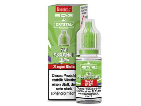 SKE Crystal Kiwi Passionfruit Guava Nikotinsalz Liquid – 10 ml  Erleben Sie den exotischen Geschmack von SKE Crystal Kiwi Passionfruit Guava Nikotinsalz Liquid. Dieses köstliche Liquid vereint die süßen und fruchtigen Aromen von Passionsfrucht, Kiwi und Guave zu einem einzigartigen Dampferlebnis. Ideal für E-Zigaretten, bietet es ein intensives und erfrischendes Geschmackserlebnis mit jeder Inhalation.  Das SKE Nikotinsalz Liquid ist in zwei Stärken erhältlich: 10 mg/ml und 20 mg/ml, um Ihren individuellen 