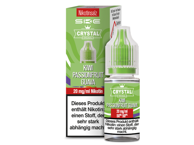 SKE Crystal Kiwi Passionfruit Guava Nikotinsalz Liquid – 10 ml  Erleben Sie den exotischen Geschmack von SKE Crystal Kiwi Passionfruit Guava Nikotinsalz Liquid. Dieses köstliche Liquid vereint die süßen und fruchtigen Aromen von Passionsfrucht, Kiwi und Guave zu einem einzigartigen Dampferlebnis. Ideal für E-Zigaretten, bietet es ein intensives und erfrischendes Geschmackserlebnis mit jeder Inhalation.  Das SKE Nikotinsalz Liquid ist in zwei Stärken erhältlich: 10 mg/ml und 20 mg/ml, um Ihren individuellen 